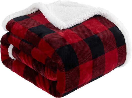 "Cozy up with our Sherpa Red and Black Buffalo Plaid Throw Blanket - The Perfect Fuzzy Fluffy Soft Blanket for Couch, Bed, and Sofa (60" X 70")"